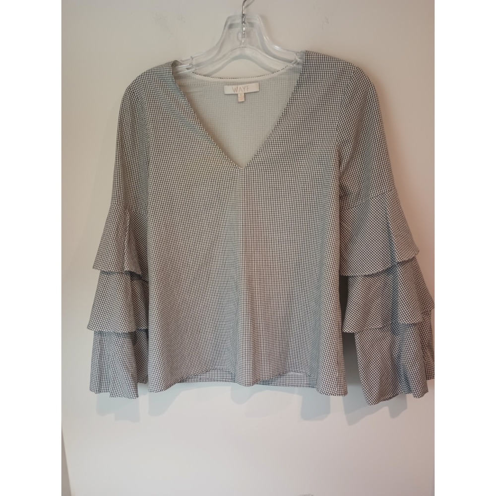 Wayf Women's White & Black Cotton V-Neck Long Sleeve Pullover Top Blouse Size XS